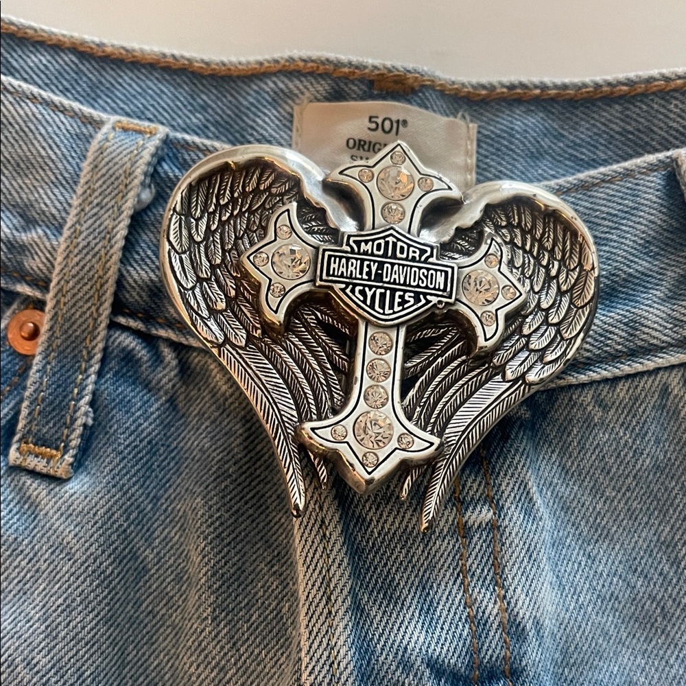 Harley-Davidson Silver Winged Cross Belt Buckle with Crystal Accents